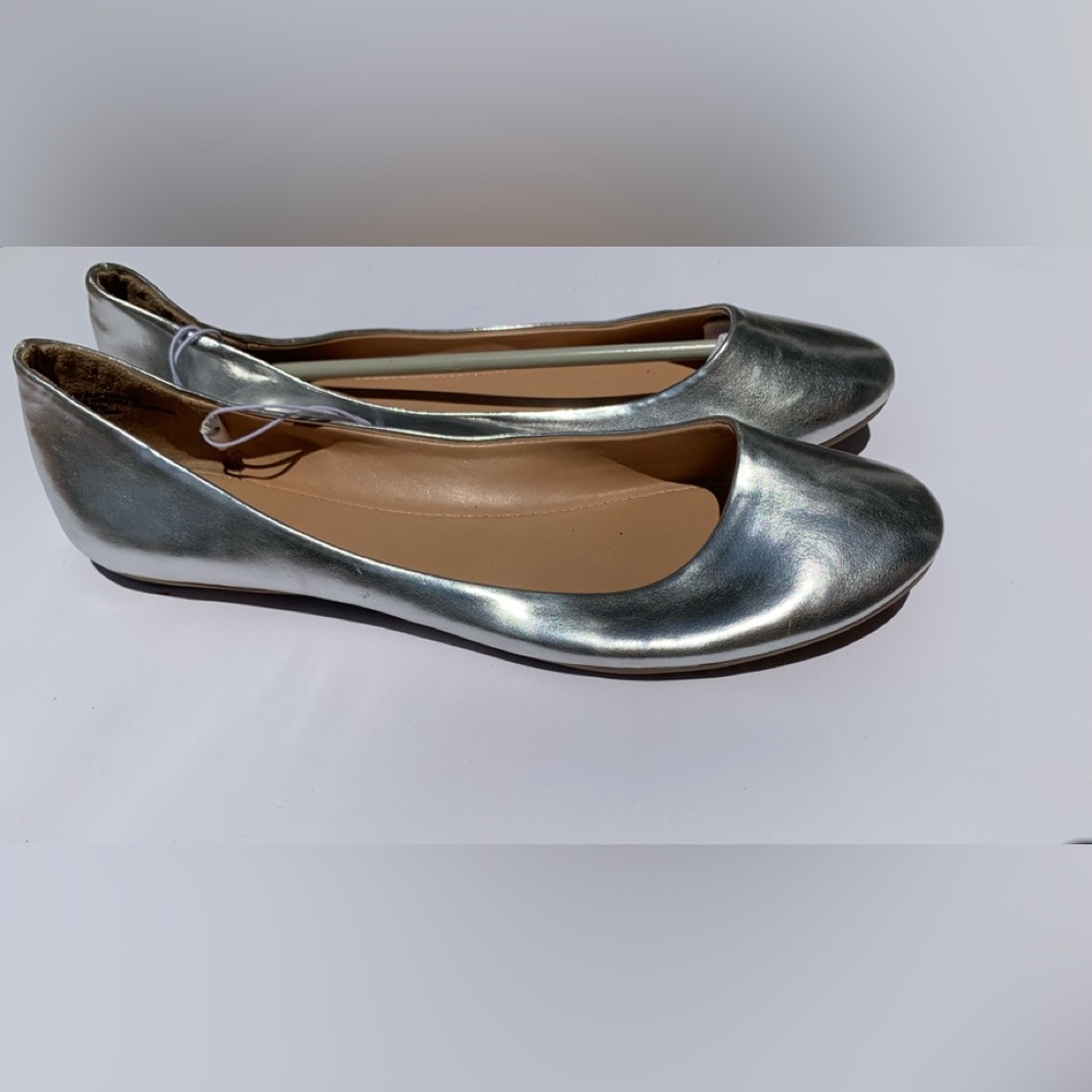 Silver Flats with Metallic Finish and Classic Ballet Shoe Silhouette